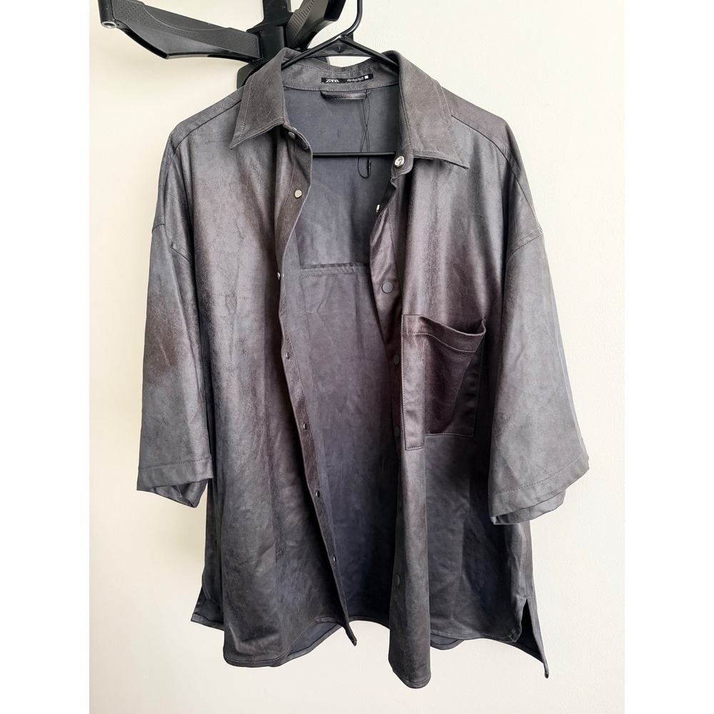 Zara Boys Charcoal Grey Faux Suede Short Sleeve Button Down Shirt Size M
